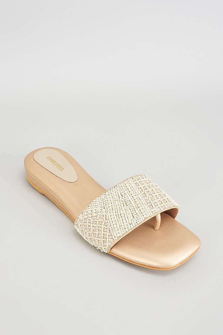 Gold Rexine Pearl Embroidered Flats by Foot Fuel at Pernia's Pop Up Shop