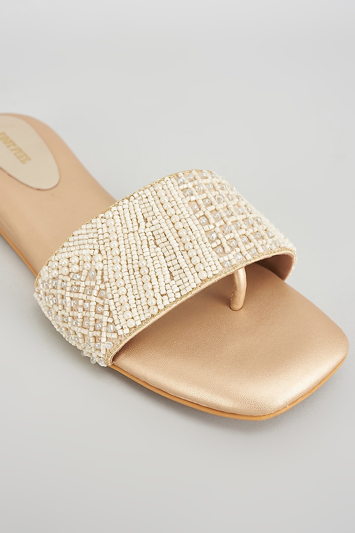Gold Rexine Pearl Embroidered Flats by Foot Fuel at Pernia's Pop Up Shop