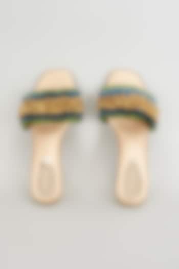 Gold Rexine Ghungroo & Lace Embroidered Heels by Foot Fuel at Pernia's Pop Up Shop