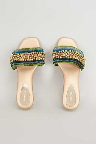 Gold Rexine Ghungroo & Lace Embroidered Heels by Foot Fuel