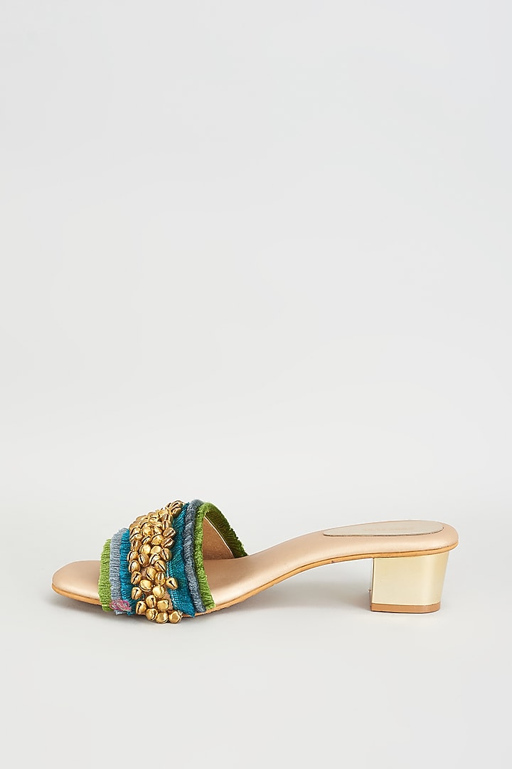 Gold Rexine Ghungroo & Lace Embroidered Heels by Foot Fuel at Pernia's Pop Up Shop
