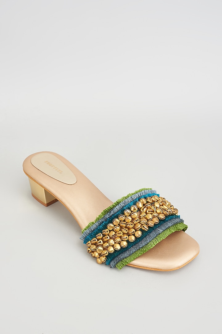 Gold Rexine Ghungroo & Lace Embroidered Heels by Foot Fuel at Pernia's Pop Up Shop