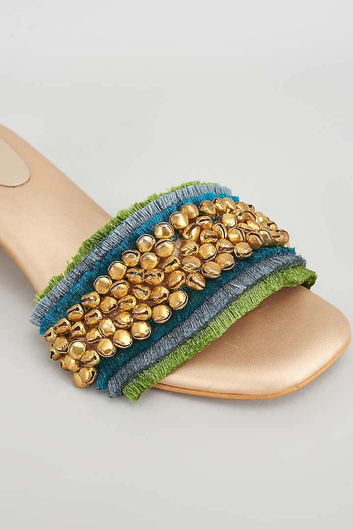 Gold Rexine Ghungroo & Lace Embroidered Heels by Foot Fuel at Pernia's Pop Up Shop