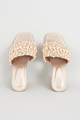 Gold Rexine Pearl Embroidered Flats by Foot Fuel