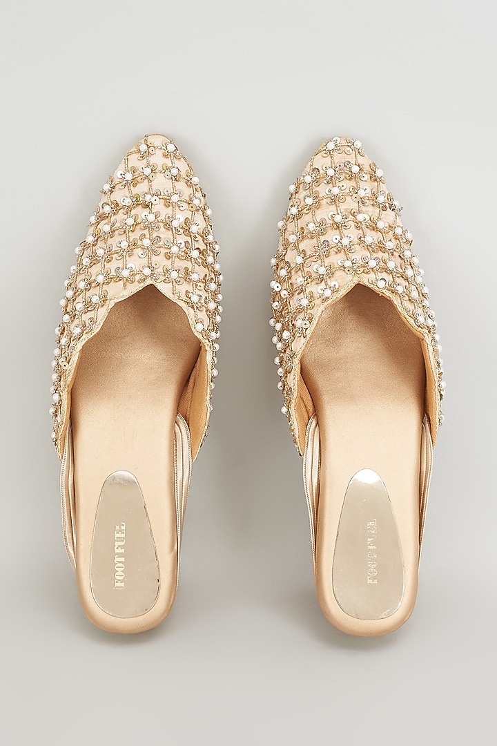 Gold Rexine Embroidered Juttis by Foot Fuel at Pernia's Pop Up Shop