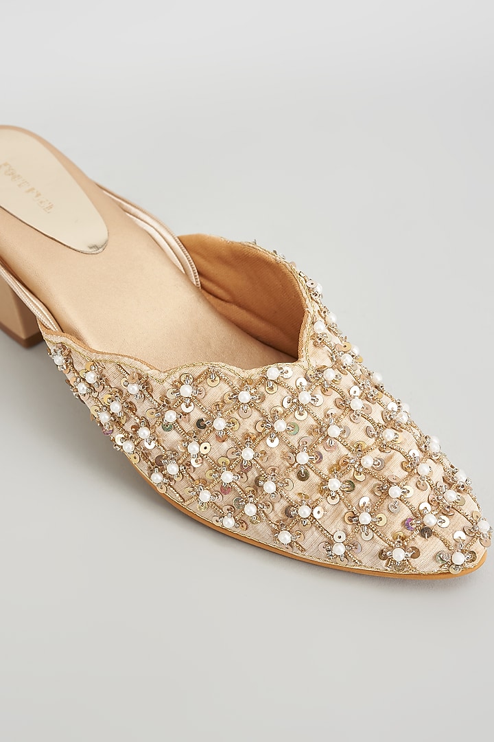 Gold Rexine Embroidered Juttis by Foot Fuel at Pernia's Pop Up Shop