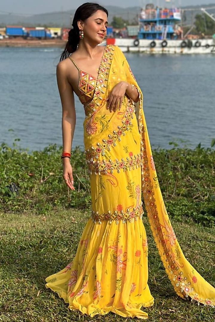 Yellow Georgette Mirror Hand Embroidered Pre-Draped Saree Set by Foram Patel