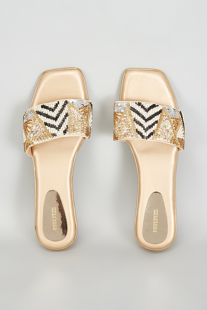 Gold Rexine Bead & Sequins Embroidered Heels by Foot Fuel at Pernia's Pop Up Shop