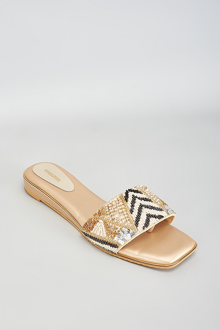 Gold Rexine Bead & Sequins Embroidered Heels by Foot Fuel at Pernia's Pop Up Shop