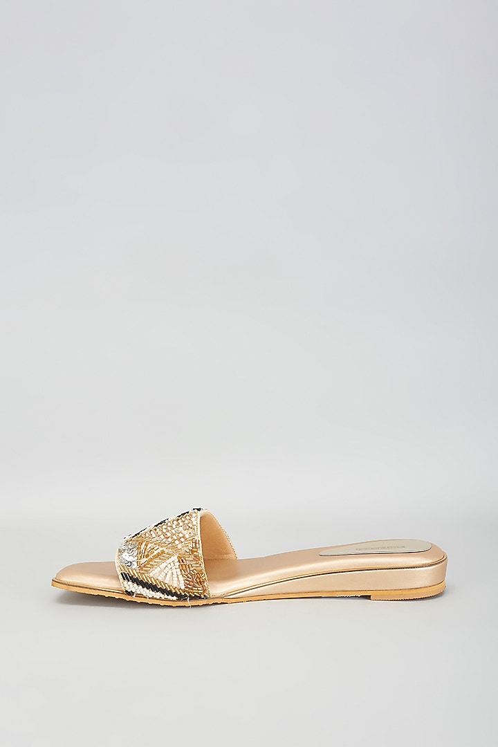 Gold Rexine Bead & Sequins Embroidered Heels by Foot Fuel at Pernia's Pop Up Shop