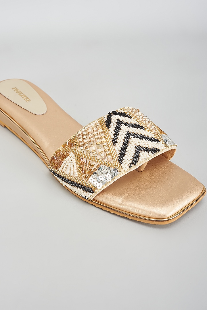 Gold Rexine Bead & Sequins Embroidered Heels by Foot Fuel at Pernia's Pop Up Shop