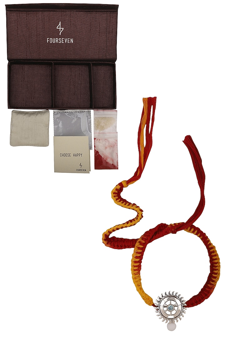 Sudarshan chakra brooch and moli thread rakhi set available only at Pernia's Pop Up Shop.
