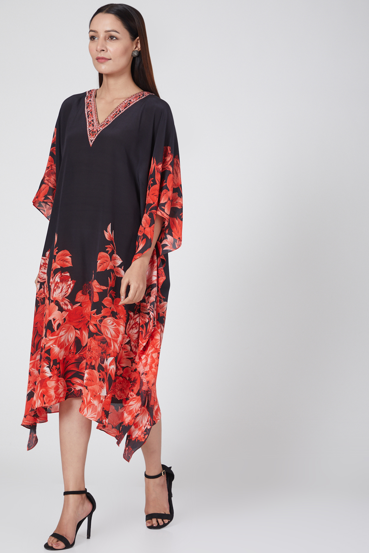 Black & Dark Red Printed Kaftan by First Resort by Ramola Bachchan at Pernia's Pop Up Shop