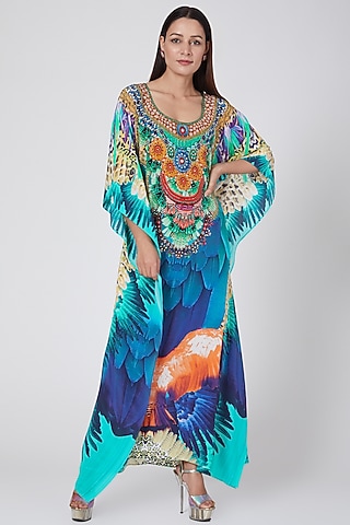 Yellow & Cobalt Blue Tribal Embellished Silk Full Length Kaftan by First Resort by Ramola Bachchan
