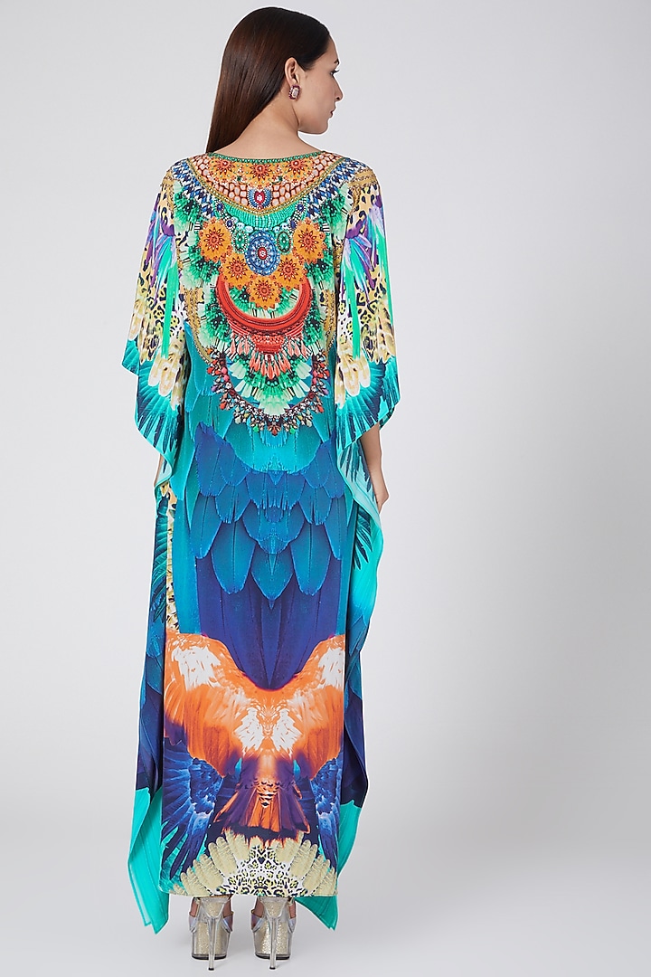 Yellow & Cobalt Blue Tribal Embellished Silk Full Length Kaftan by First Resort by Ramola Bachchan at Pernia's Pop Up Shop