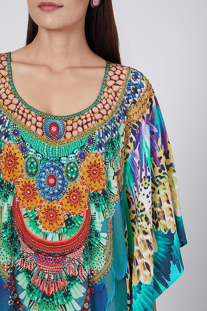 Yellow & Cobalt Blue Tribal Embellished Silk Full Length Kaftan by First Resort by Ramola Bachchan at Pernia's Pop Up Shop