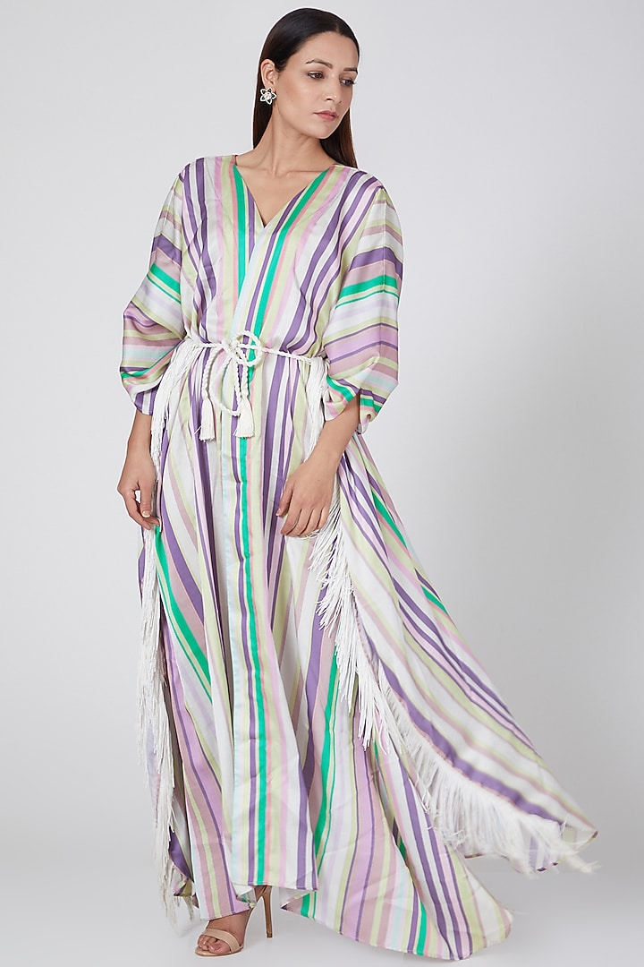 White Striped Cover-Up With Belt by First Resort by Ramola Bachchan at Pernia's Pop Up Shop