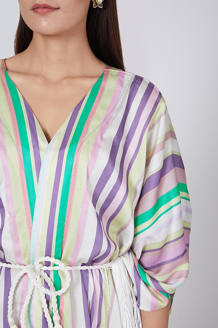 White Striped Cover-Up With Belt by First Resort by Ramola Bachchan at Pernia's Pop Up Shop