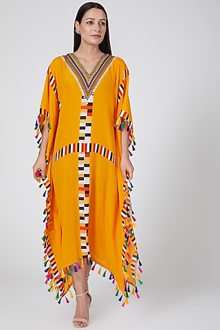 Yellow Printed Kaftan With Tassels by First Resort by Ramola Bachchan
