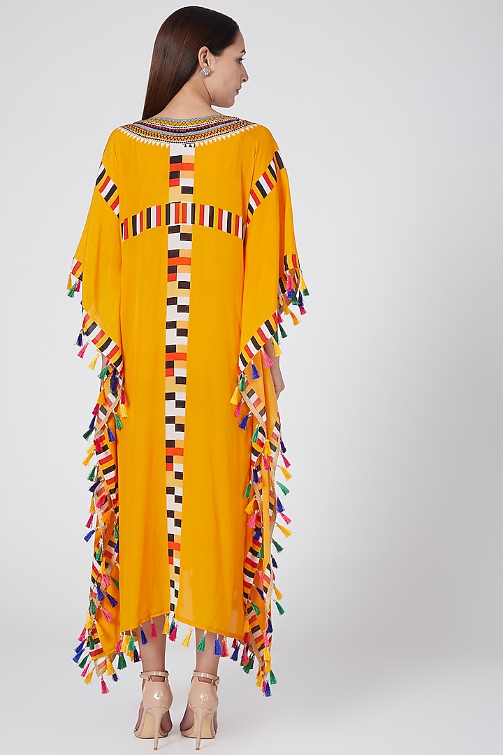 Yellow Printed Kaftan With Tassels by First Resort by Ramola Bachchan at Pernia's Pop Up Shop