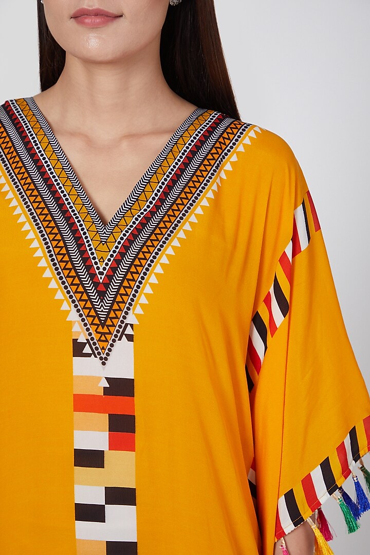 Yellow Printed Kaftan With Tassels by First Resort by Ramola Bachchan at Pernia's Pop Up Shop