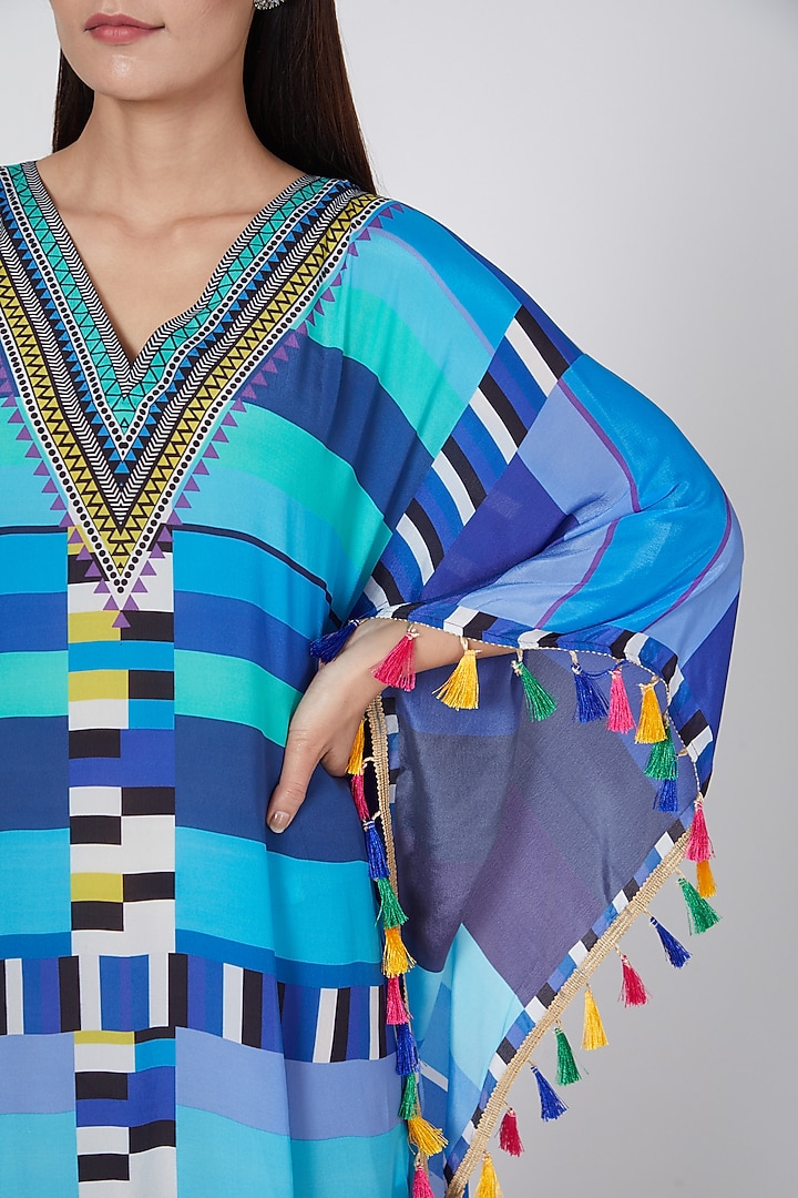 Sky Blue Geometric Print Kaftan by First Resort by Ramola Bachchan at Pernia's Pop Up Shop