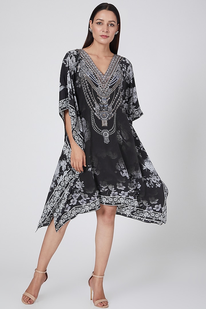 Black Floral Printed Kaftan by First Resort by Ramola Bachchan