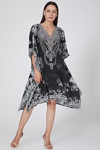 Black Floral Printed Kaftan by First Resort by Ramola Bachchan