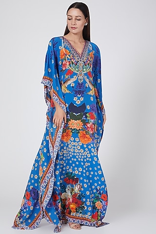 Cobalt Blue & Orange Printed Kaftan by First Resort by Ramola Bachchan