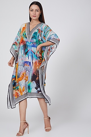 Cobalt Blue Digital Printed Kaftan by First Resort by Ramola Bachchan
