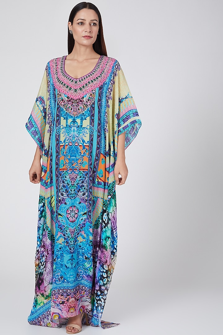 Sky Blue Crystal Embellished Kaftan Design by First Resort by Ramola ...