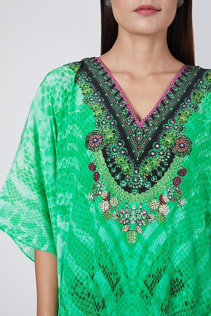 Emerald Green Animal Printed Kaftan by First Resort by Ramola Bachchan at Pernia's Pop Up Shop