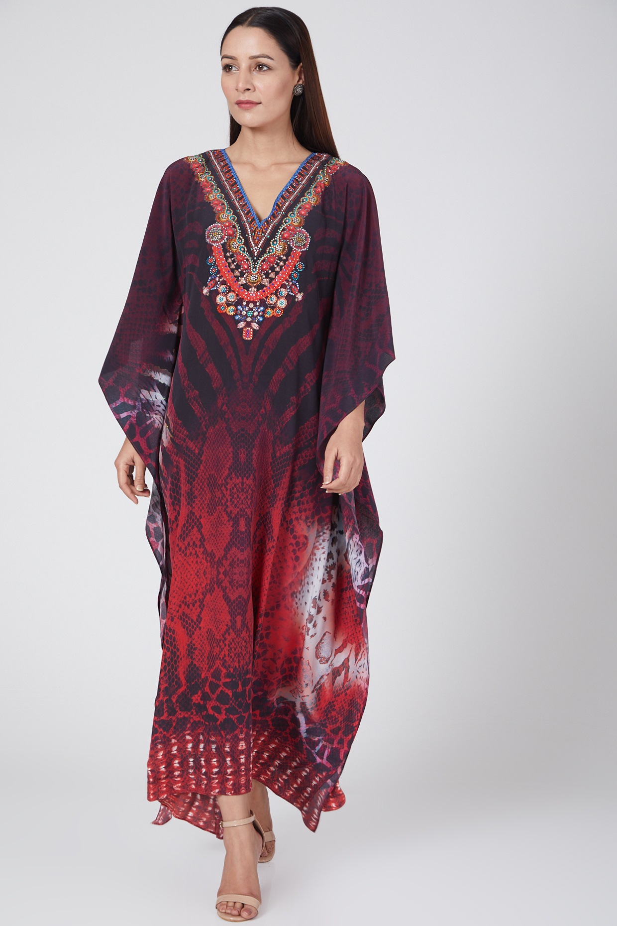 Red Python Printed Long Kaftan by First Resort by Ramola Bachchan at Pernia's Pop Up Shop