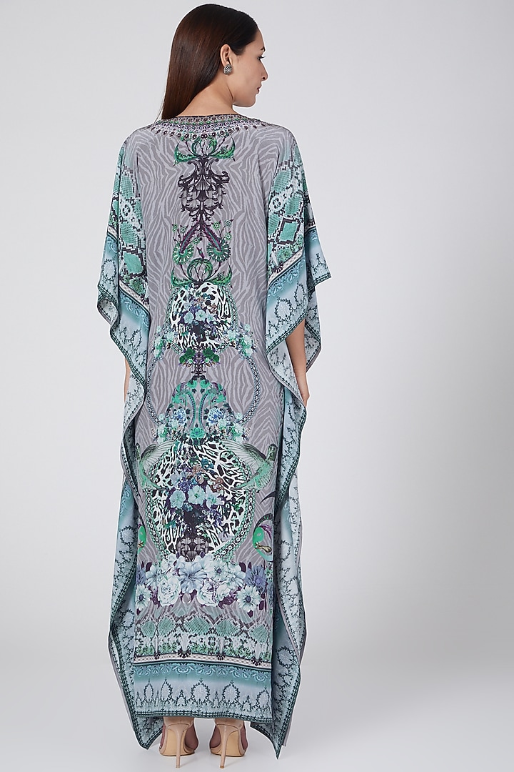 Grey & Sky Blue Animal Printed Kaftan by First Resort by Ramola Bachchan at Pernia's Pop Up Shop