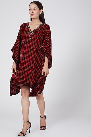 Red Printed & Embellished Tunic by First Resort by Ramola Bachchan