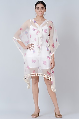 White Silk Organza Printed Kaftan by First Resort by Ramola Bachchan