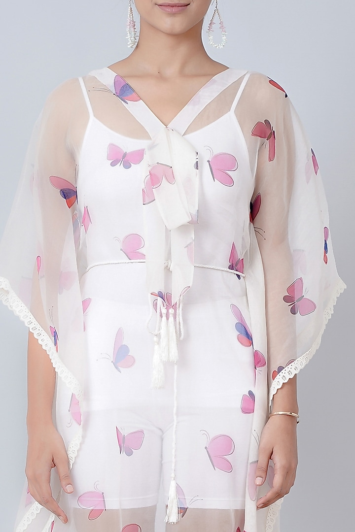 White Silk Organza Printed Kaftan by First Resort by Ramola Bachchan at Pernia's Pop Up Shop
