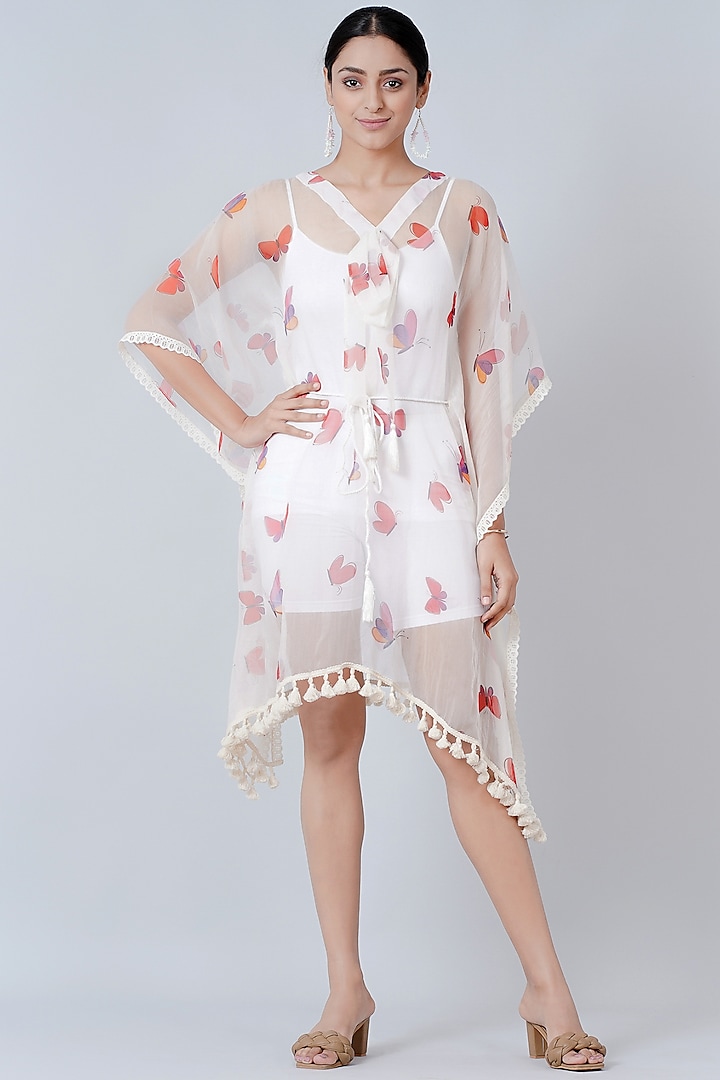 White Printed Kaftan With Tasseled Belt by First Resort by Ramola Bachchan