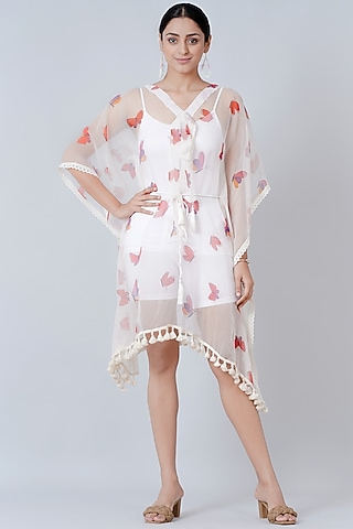 White Printed Kaftan With Tasseled Belt by First Resort by Ramola Bachchan