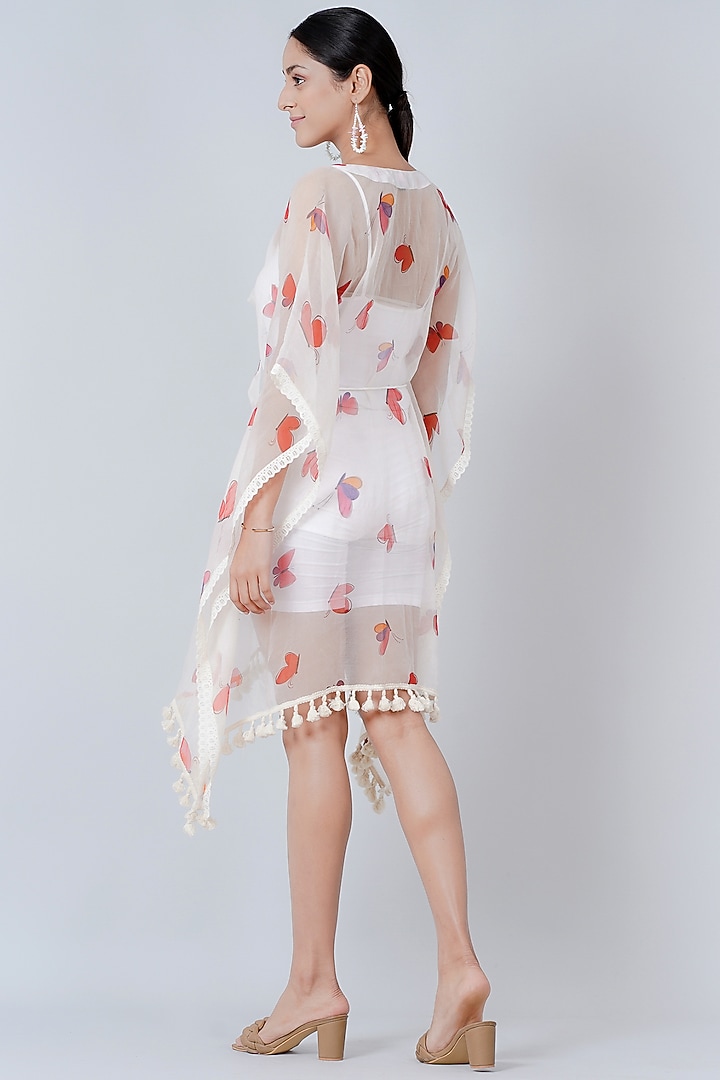 White Printed Kaftan With Tasseled Belt by First Resort by Ramola Bachchan at Pernia's Pop Up Shop