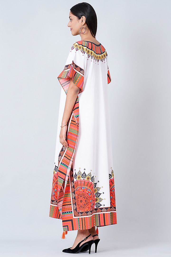 White & Pink Tribal Printed Maxi Kaftan by First Resort by Ramola Bachchan at Pernia's Pop Up Shop