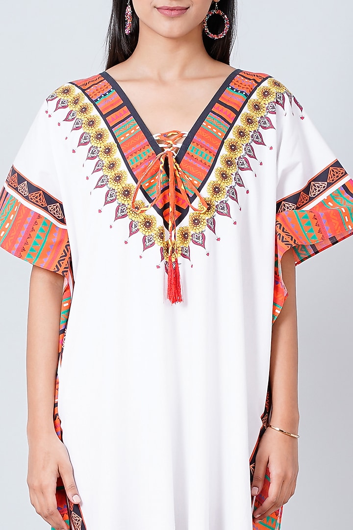 White & Pink Tribal Printed Maxi Kaftan by First Resort by Ramola Bachchan at Pernia's Pop Up Shop