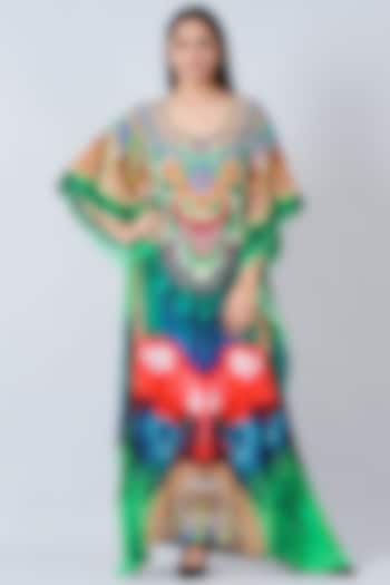 Green & Blue Silk Crepe Kaftan With Print by First Resort by Ramola Bachchan