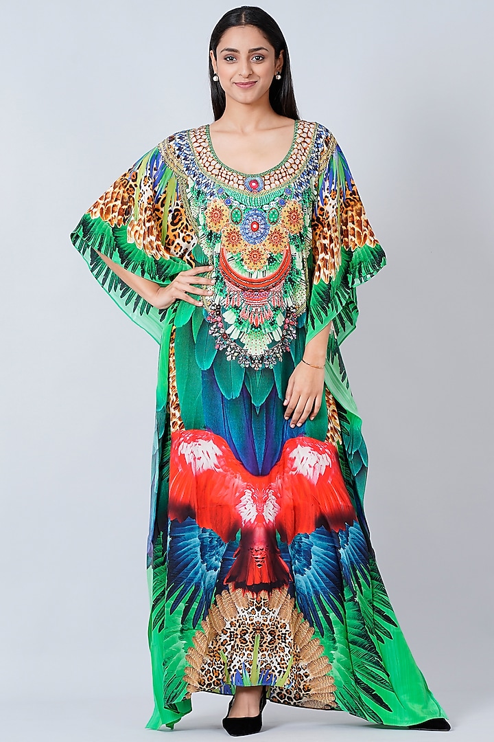 Green & Blue Silk Crepe Kaftan With Print by First Resort by Ramola Bachchan