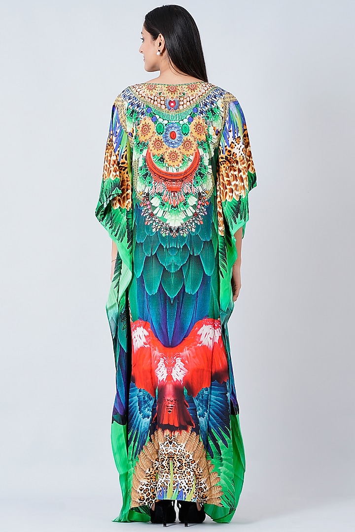 Green & Blue Silk Crepe Kaftan With Print by First Resort by Ramola Bachchan at Pernia's Pop Up Shop