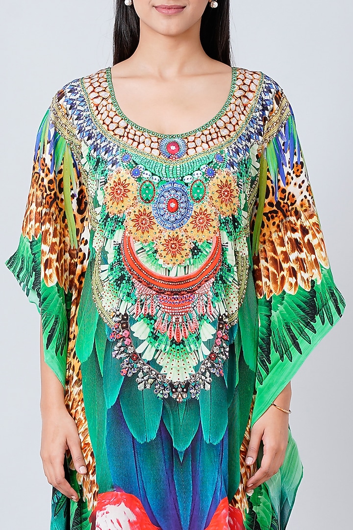 Green & Blue Silk Crepe Kaftan With Print by First Resort by Ramola Bachchan at Pernia's Pop Up Shop