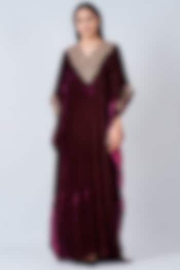 Maroon Embroidered Maxi Kaftan by First Resort by Ramola Bachchan
