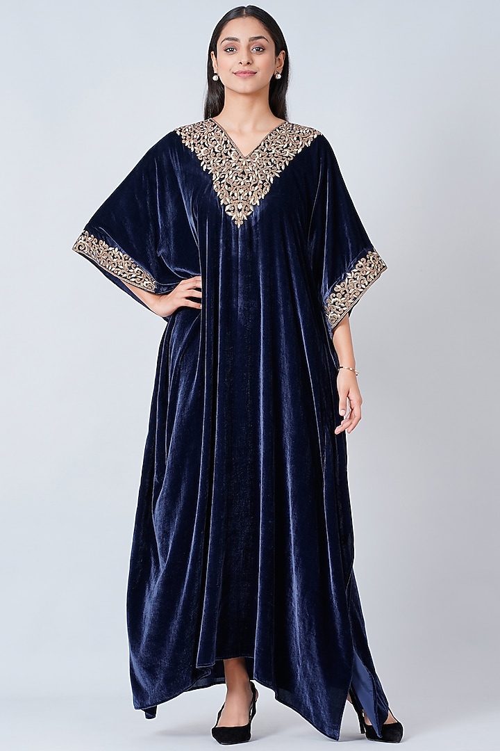 Blue Silk Velvet Embroidered Maxi Kaftan by First Resort by Ramola Bachchan