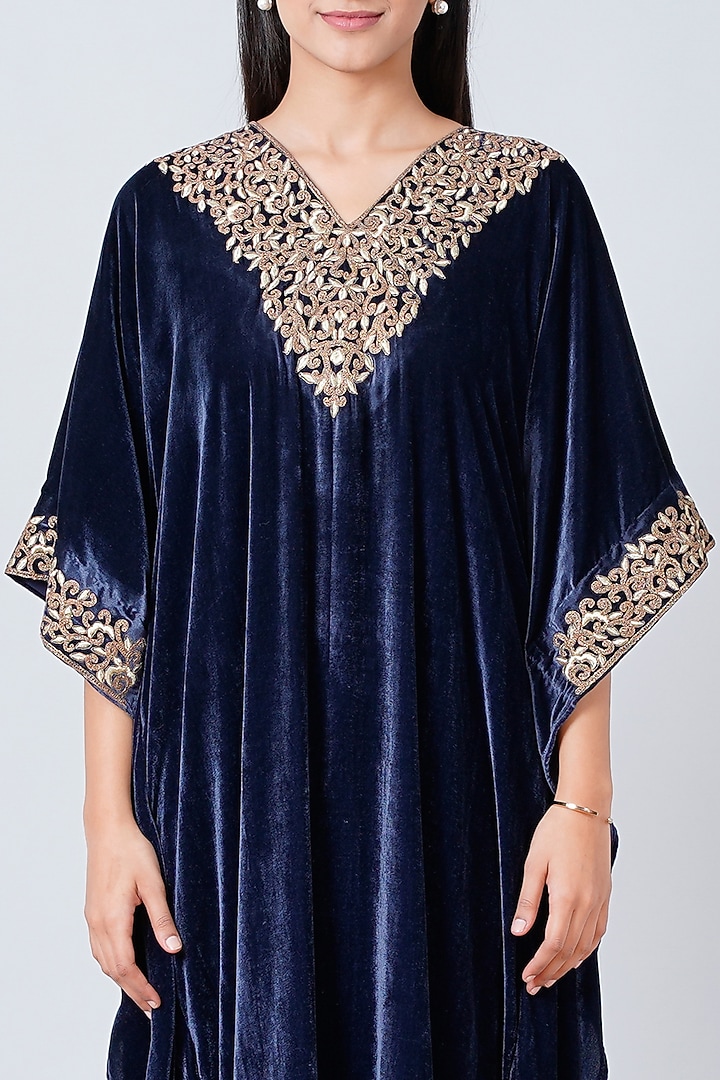 Blue Silk Velvet Embroidered Maxi Kaftan by First Resort by Ramola Bachchan at Pernia's Pop Up Shop