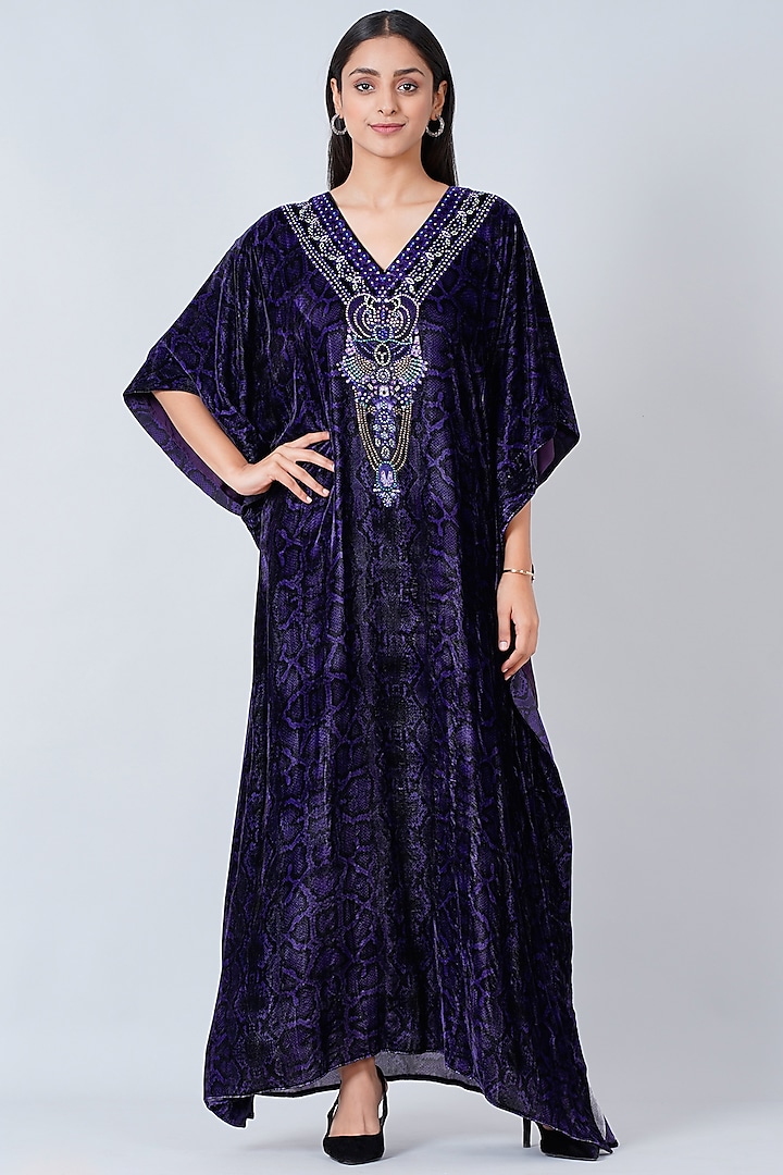Purple Silk Velvet Embroidered Maxi Kaftan by First Resort by Ramola Bachchan